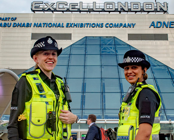 Female MDP officers outside London ExCel for DSEI 2021